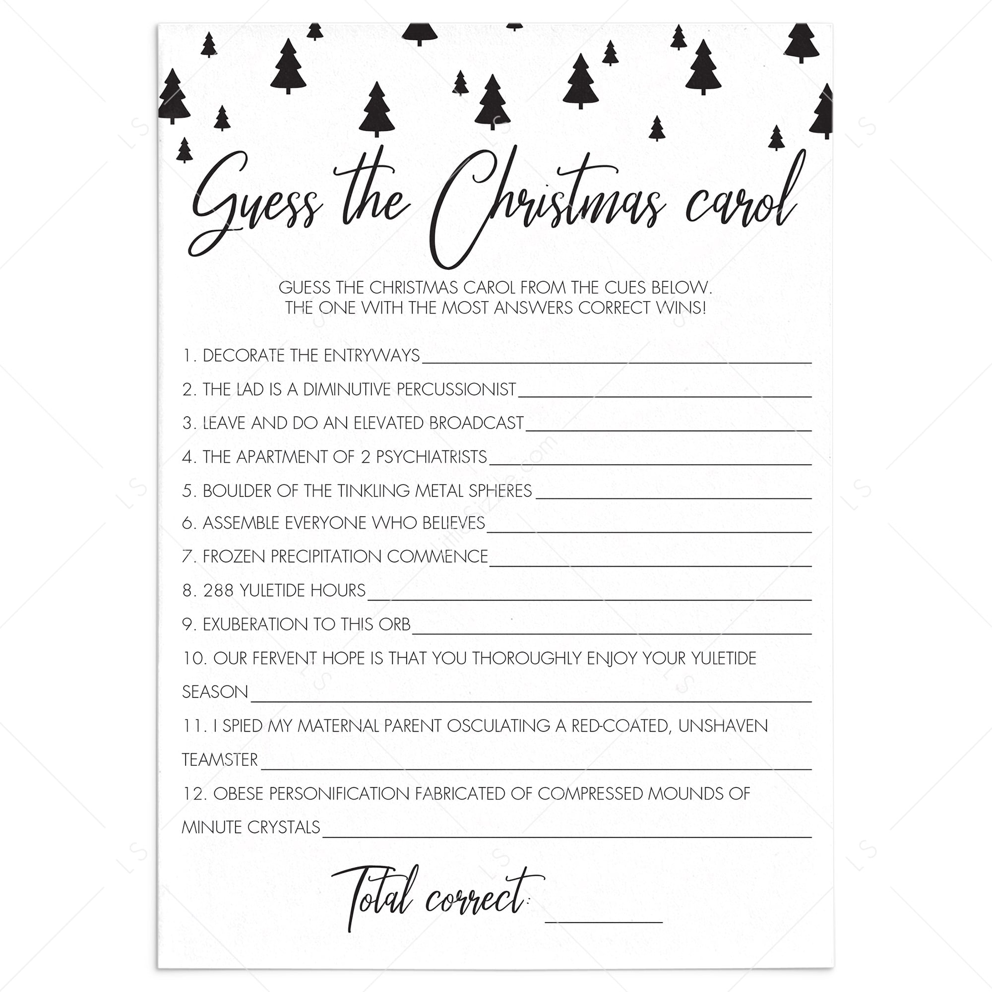 Black and White Christmas Carol Game Printable by LittleSizzle