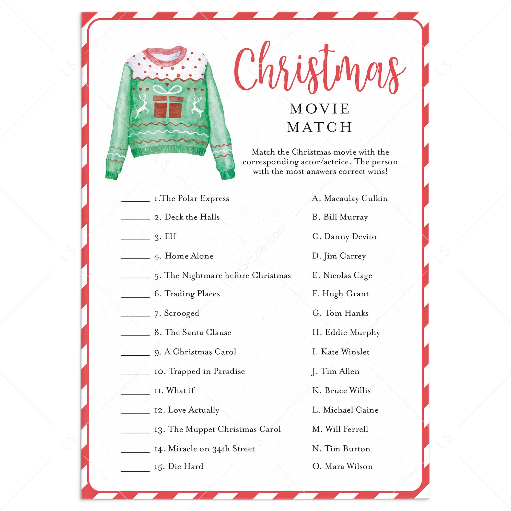Printable Christmas Movies Game for Ugly Sweater Party by LittleSizzle