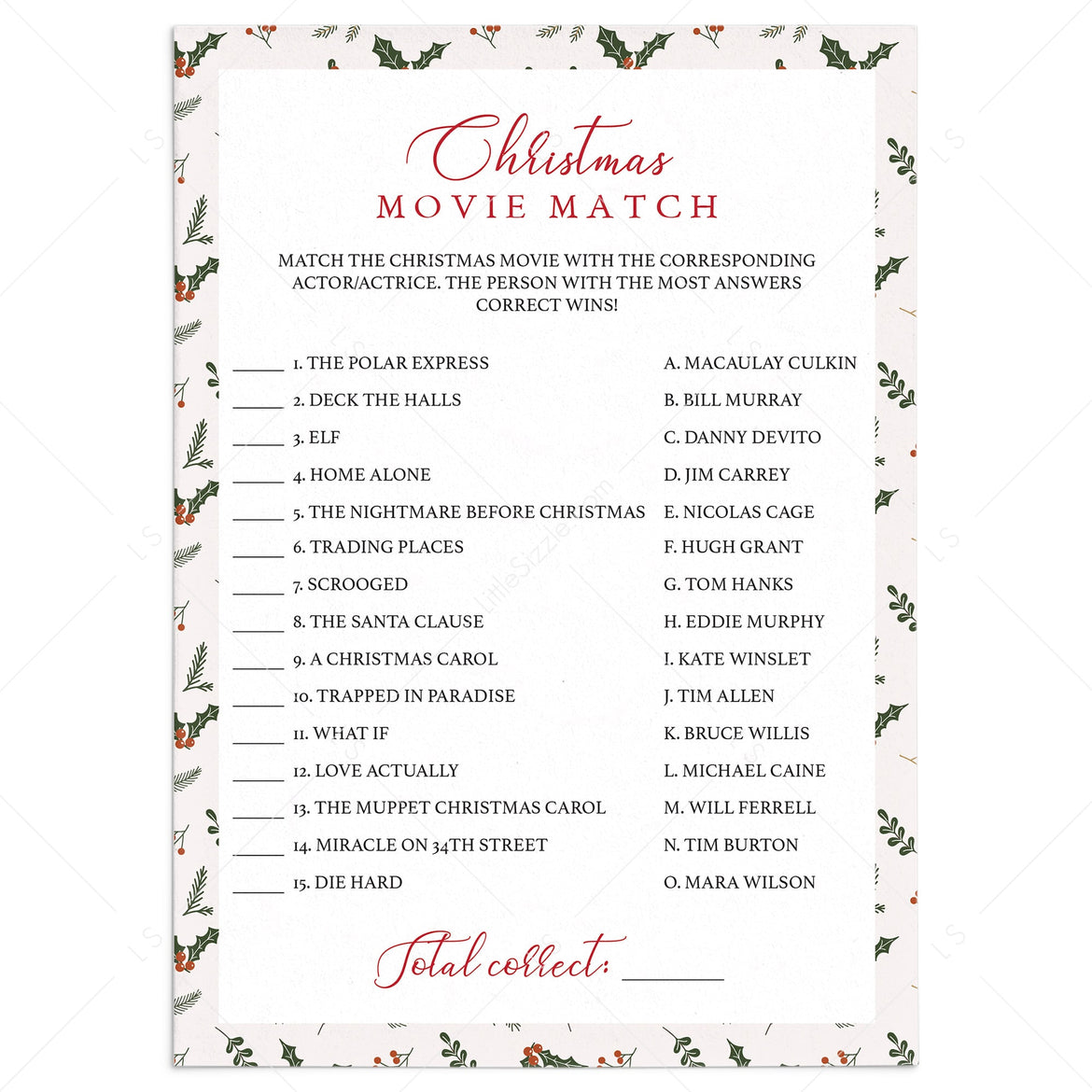 Christmas Movie Game Printables | Holiday Party Games – LittleSizzle