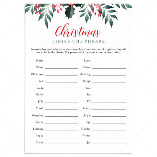 Holiday Game For Groups Printable Finish My Phrase by LittleSizzle