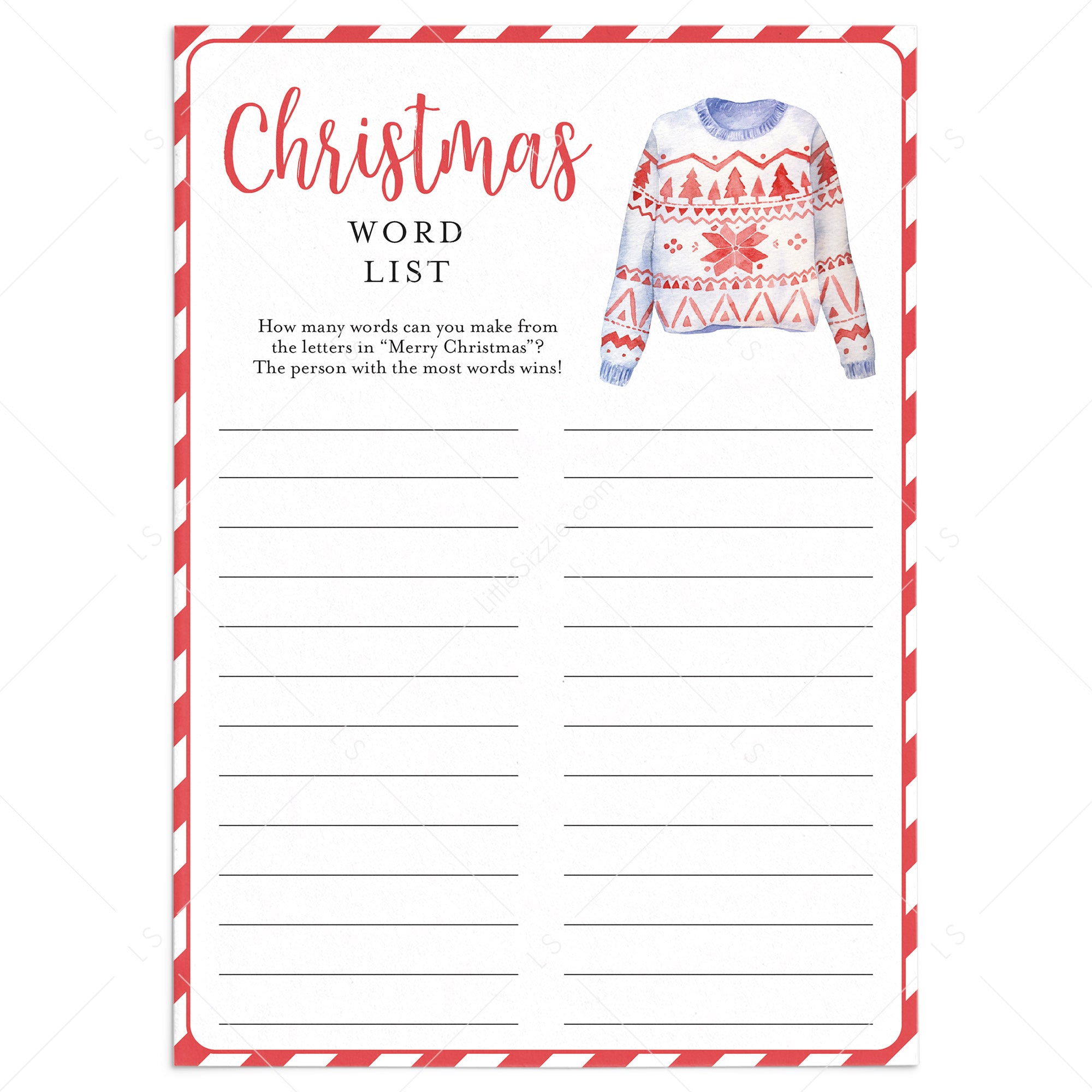 Ugly Sweater Party Activity Word List Printable by LittleSizzle