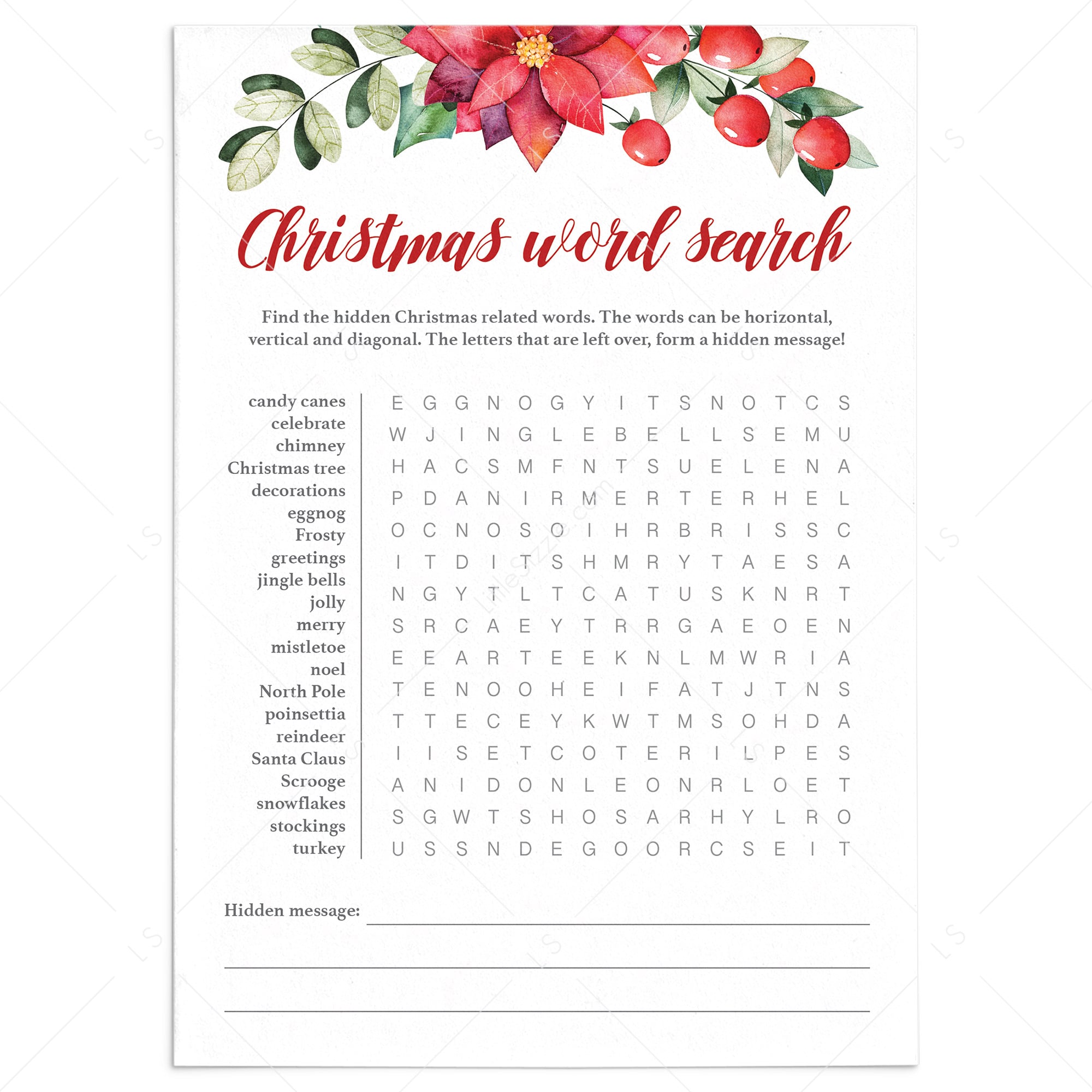 Christmas Word Search Holiday Party Game Printable by LittleSizzle
