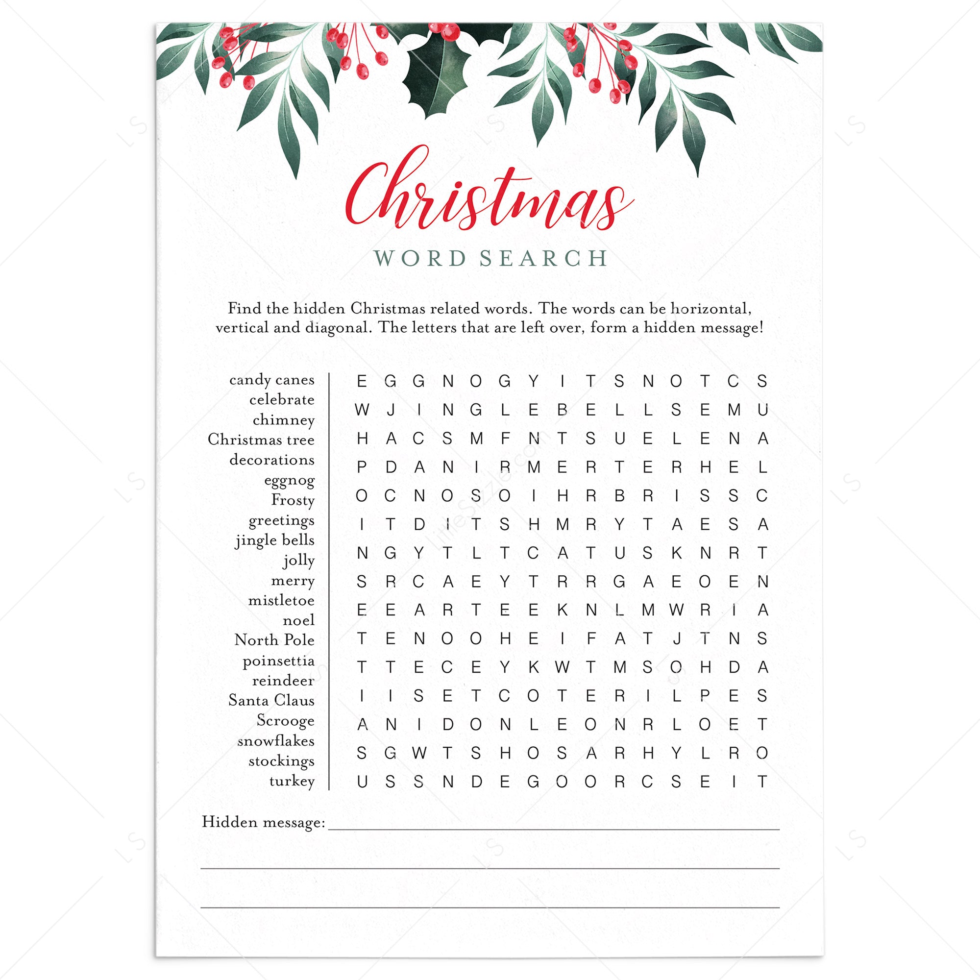Greenery Christmas Word Search Game Printable by LittleSizzle