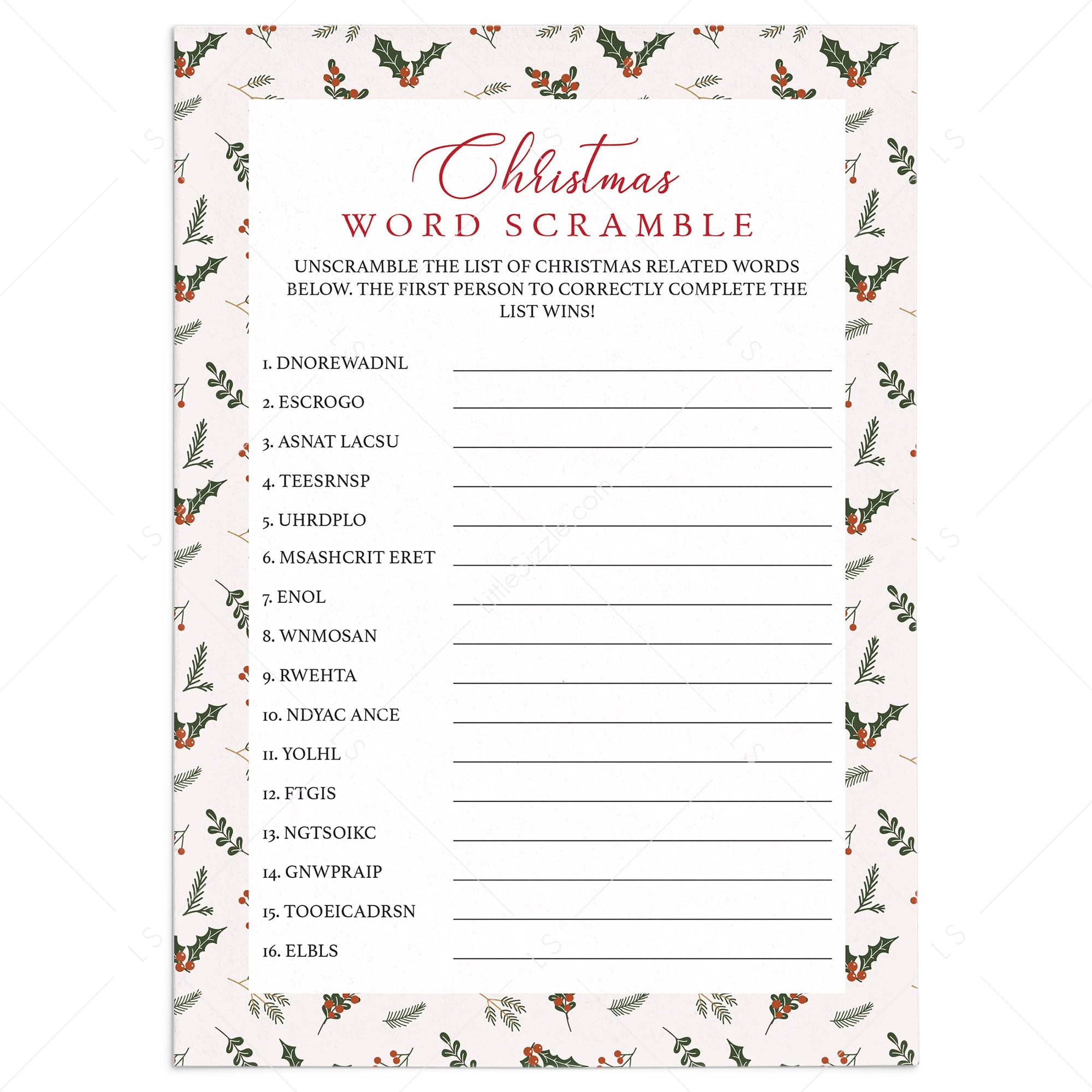 Unscramble The Christmas Words Game Printable by LittleSizzle