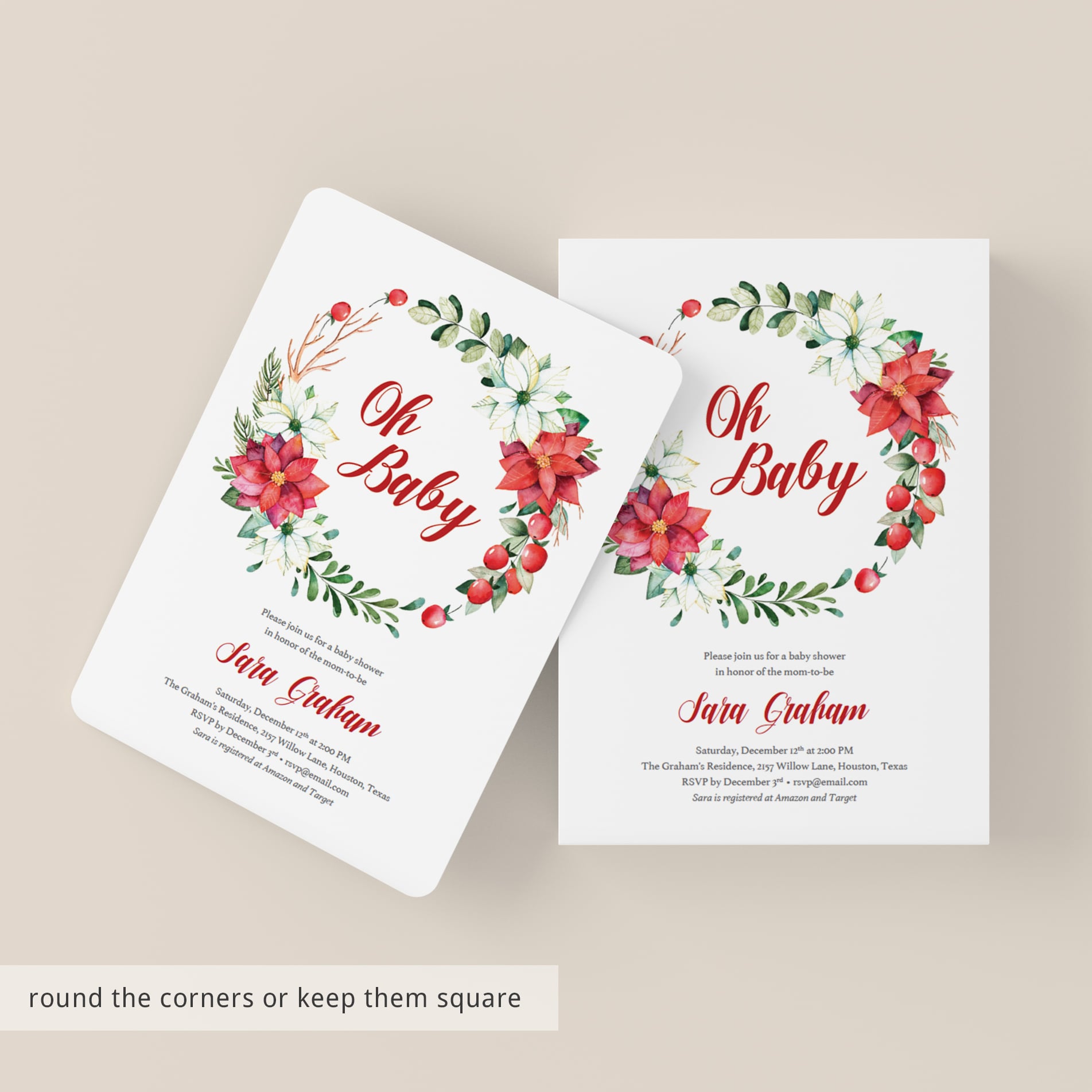 Red floral wreath baby shower invites by LittleSizzle