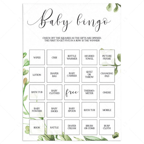 Classic Baby Bingo gender neutral baby shower game printable | Greenery ...
