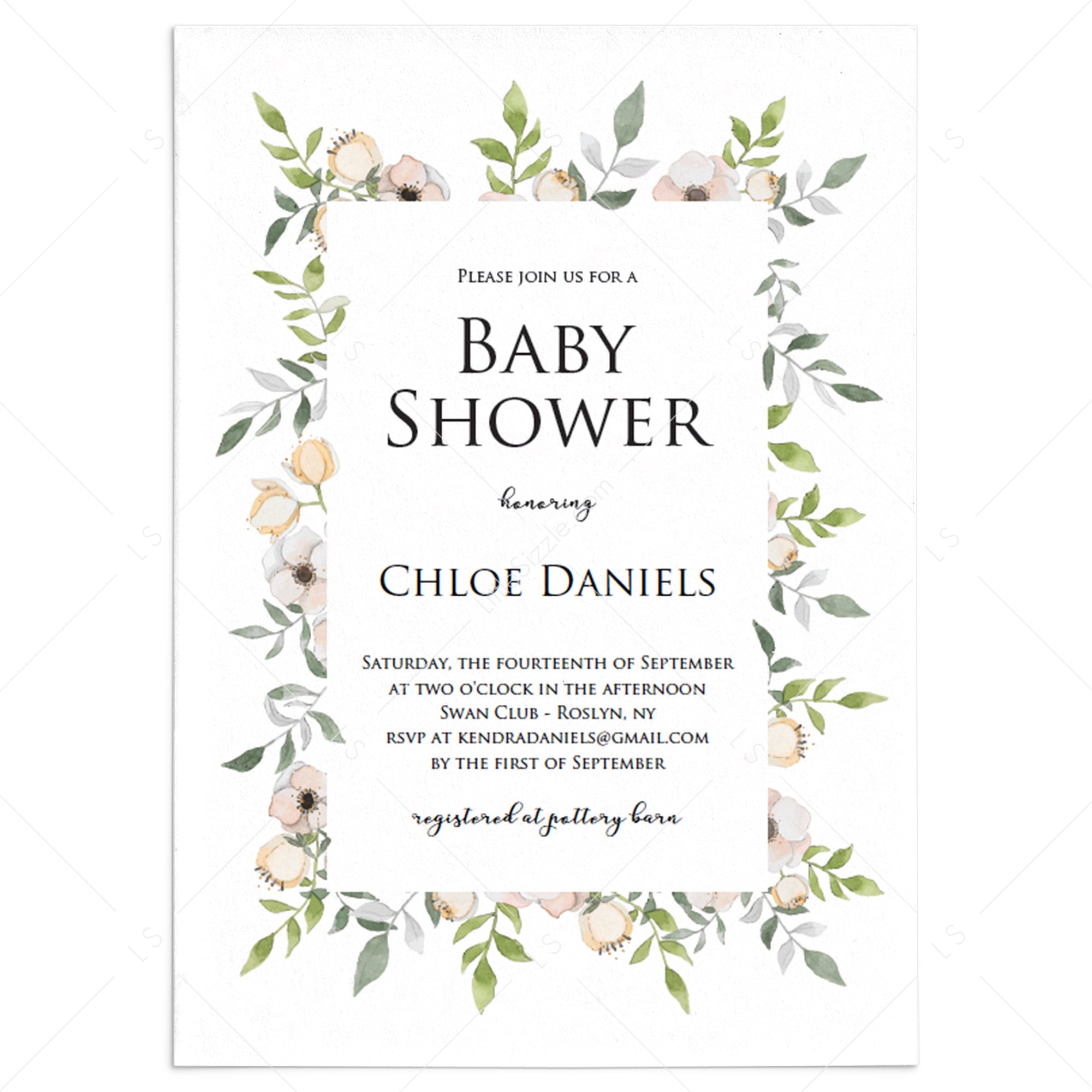 Blush baby shower invitation template with floral frame by LittleSizzle