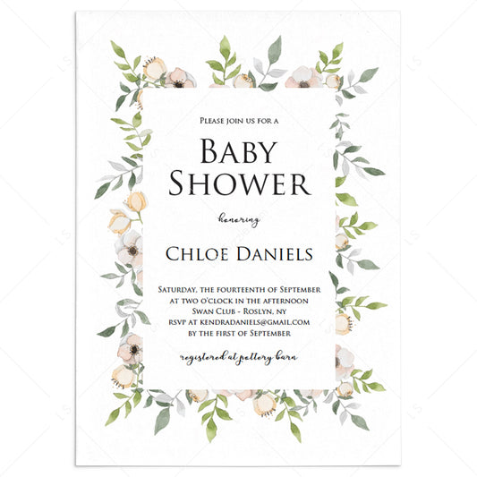 Blush baby shower invitation template with floral frame by LittleSizzle