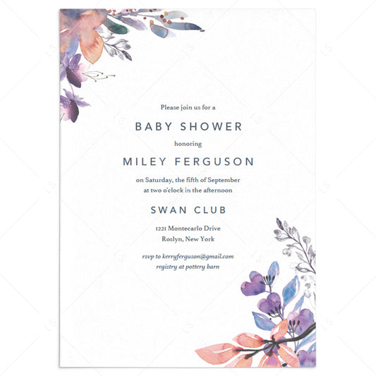 Lavender floral baby shower invite template DIY PDF by LittleSizzle