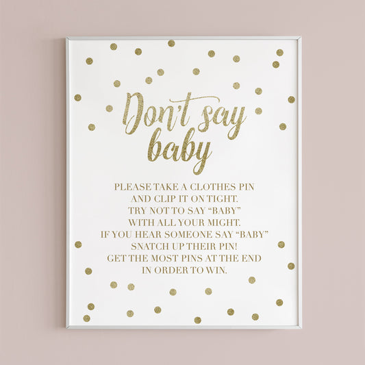 Dont say baby game for gold baby shower table sign by LittleSizzle