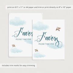 Blue Favors Sign With Watercolor Clouds Printable