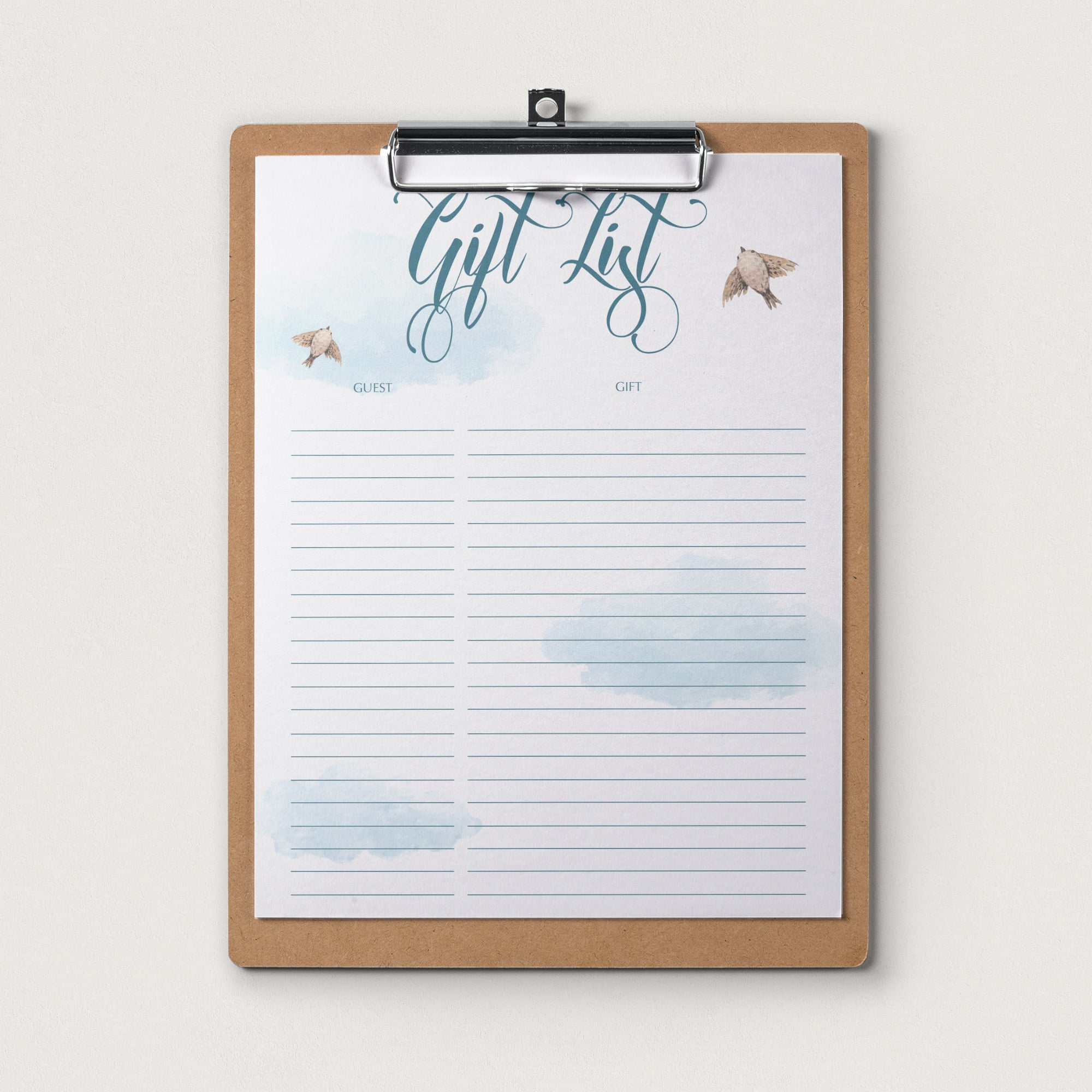 Printable gift tracker with blue watercolor clouds by LittleSizzle
