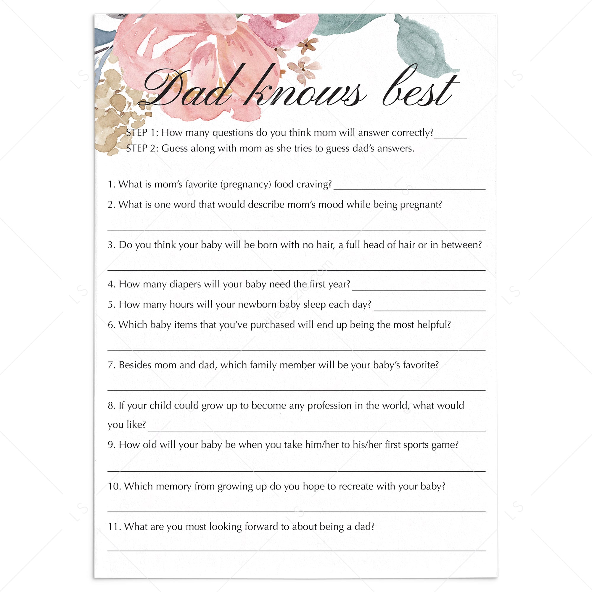 Dad knows best baby shower game printable floral theme