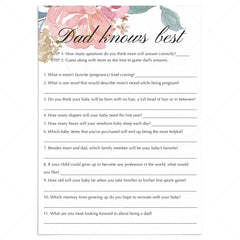 Dad knows best baby shower game printable floral theme