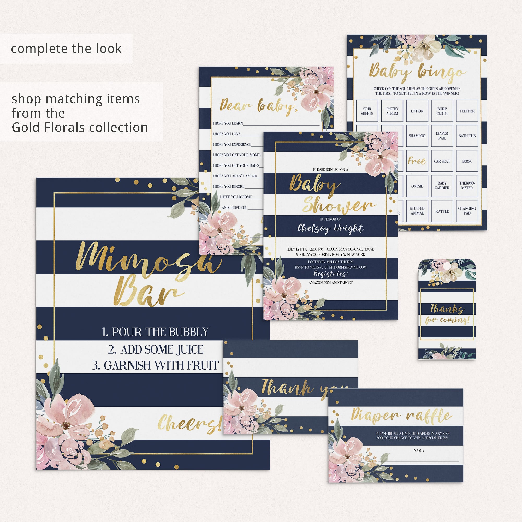 Navy pink and gold baby shower ideas by LittleSizzle