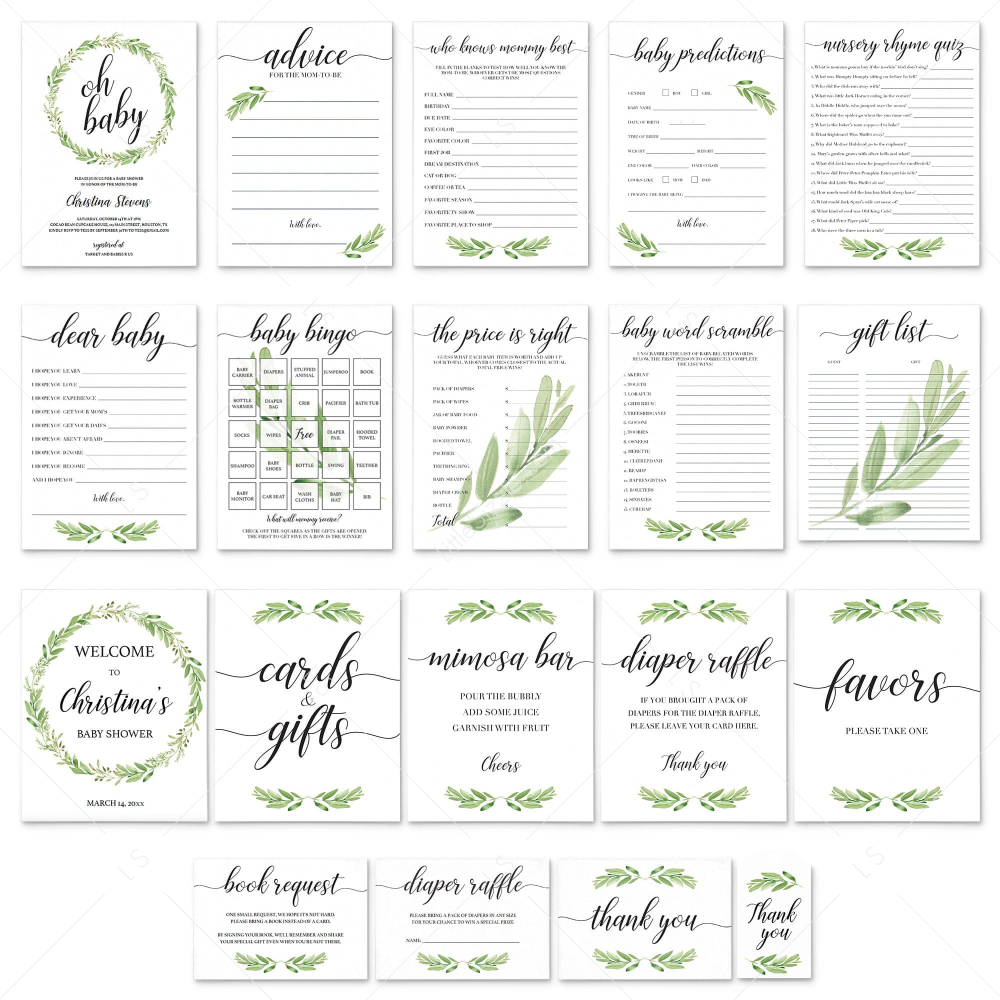Complete DIY Baby Shower Bundle Greenery by LittleSizzle