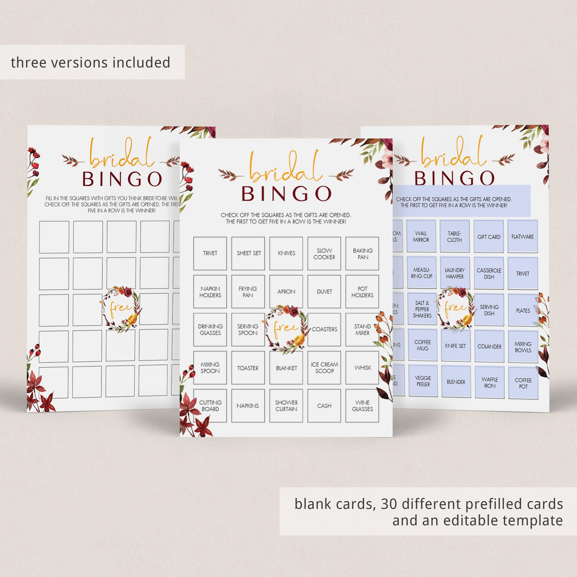 Complete Bridal Shower Bingo Game Autumn Theme by LittleSizzle