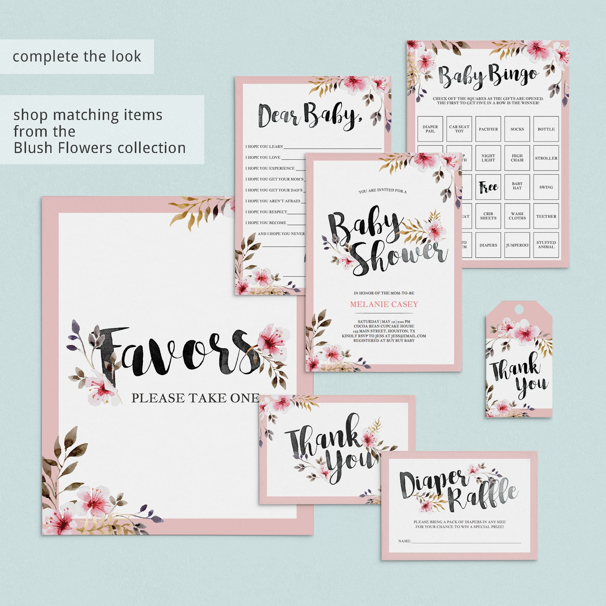Floral watercolor games and decor for girl baby shower party by LittleSizzle