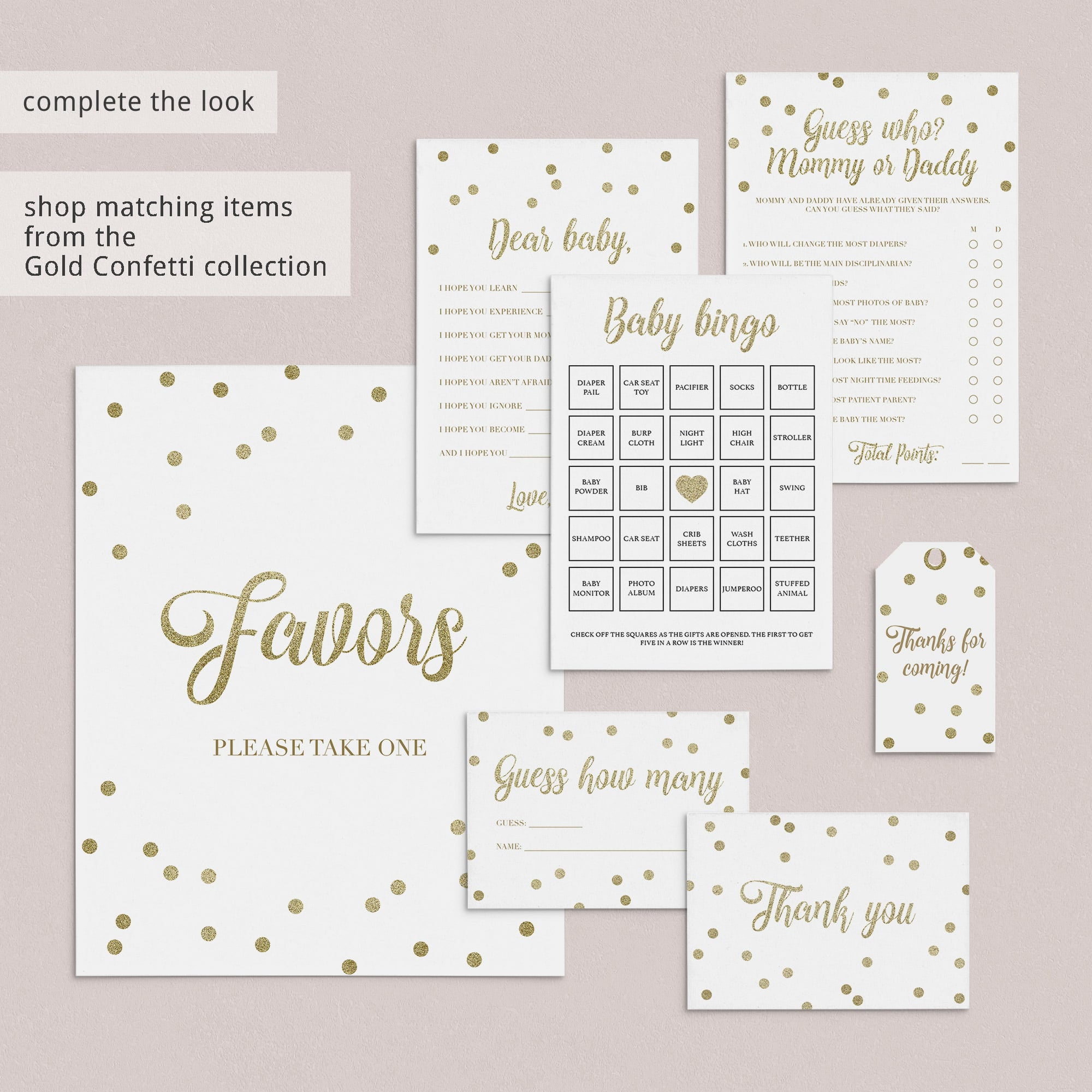 Printable gold baby shower party decorations and games by LittleSizzle