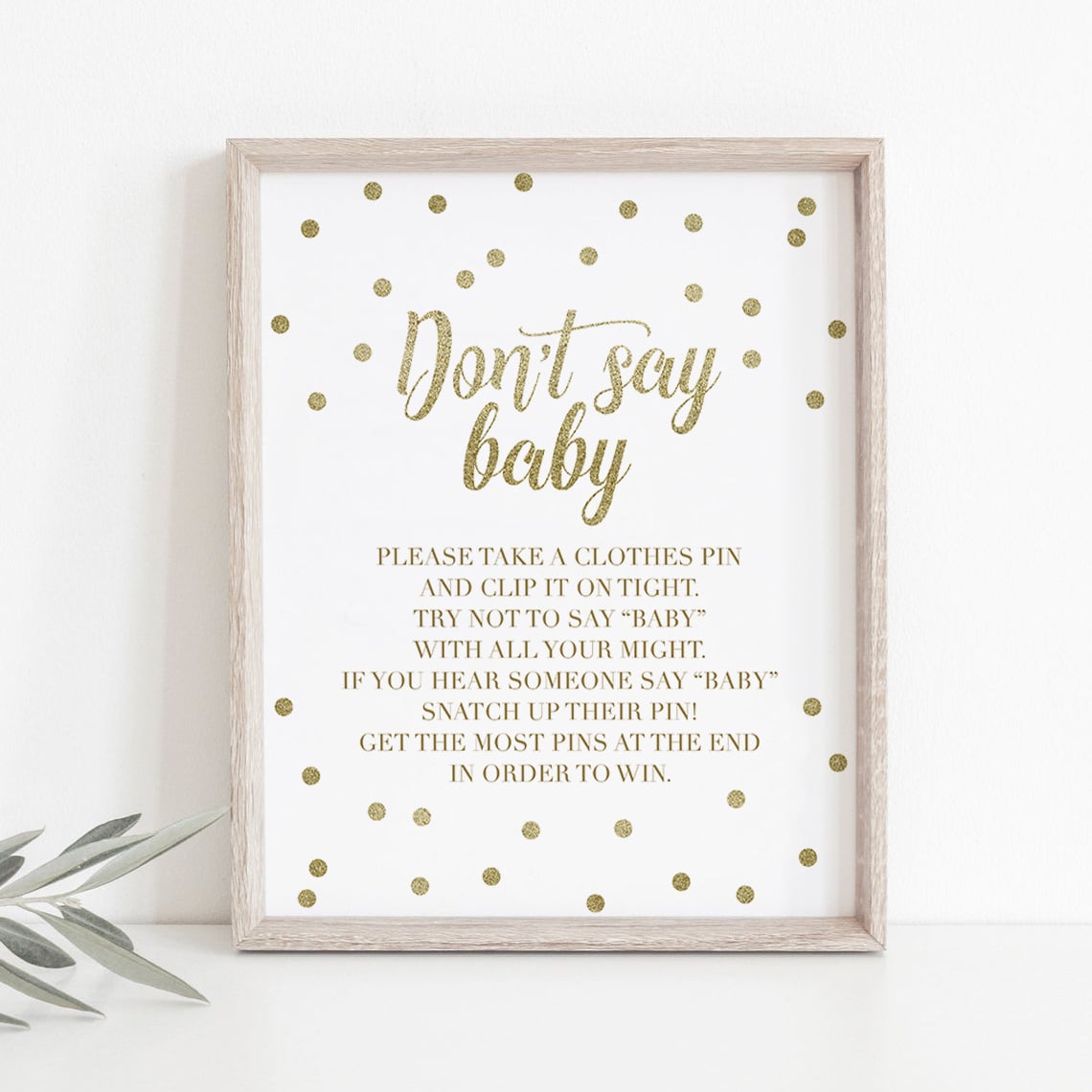 Don't Say Baby clothespin game with Gold Confetti printable table sign –  LittleSizzle