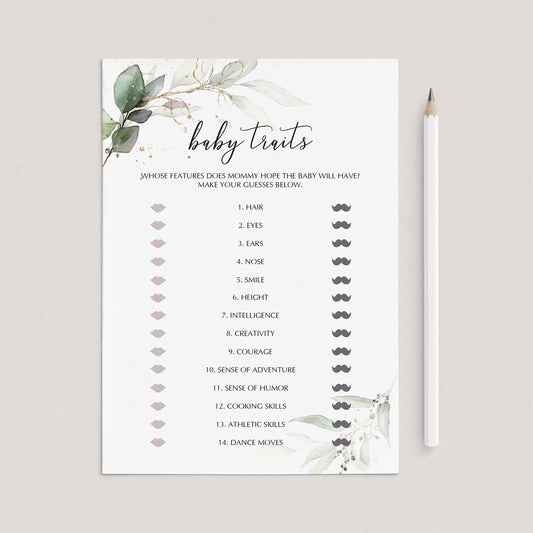 Gold and Greenery Theme Baby Shower Game Baby Traits Printable by LittleSizzle