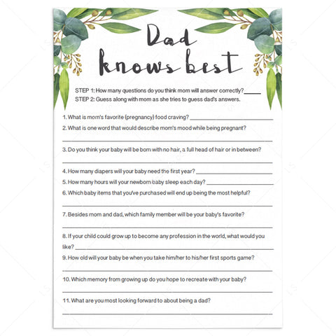 Dad Knows Best baby shower game printable Green Leaves | Editable ...