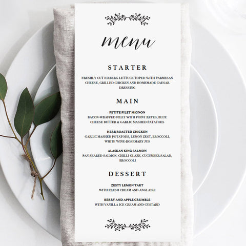 Simple Black and White Menu Card Template | Editable PDF – LittleSizzle