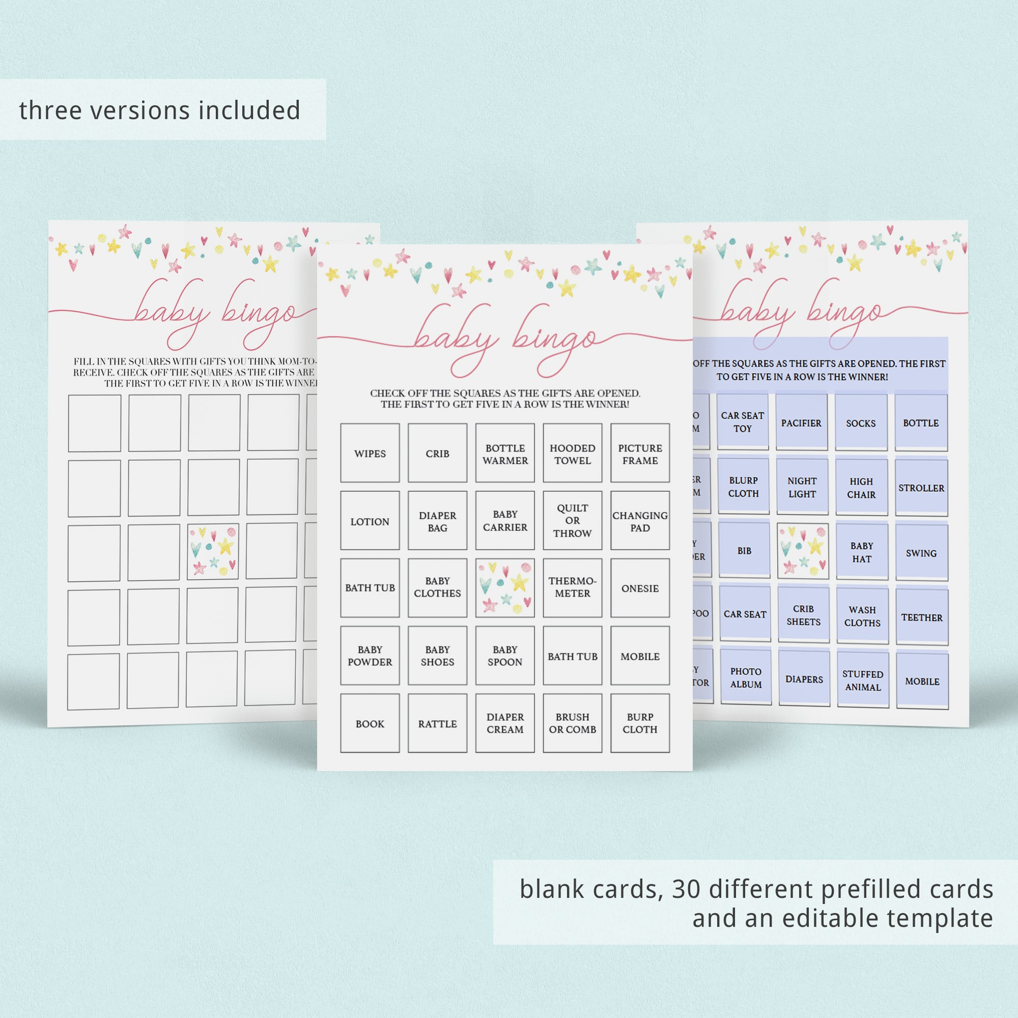 Printable baby bingo set with blank and prefilled cards by LittleSizzle