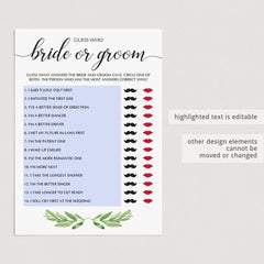 greenery bridal shower guessing game cards