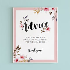 Floral watercolor baby shower advice sign template by LittleSizzle