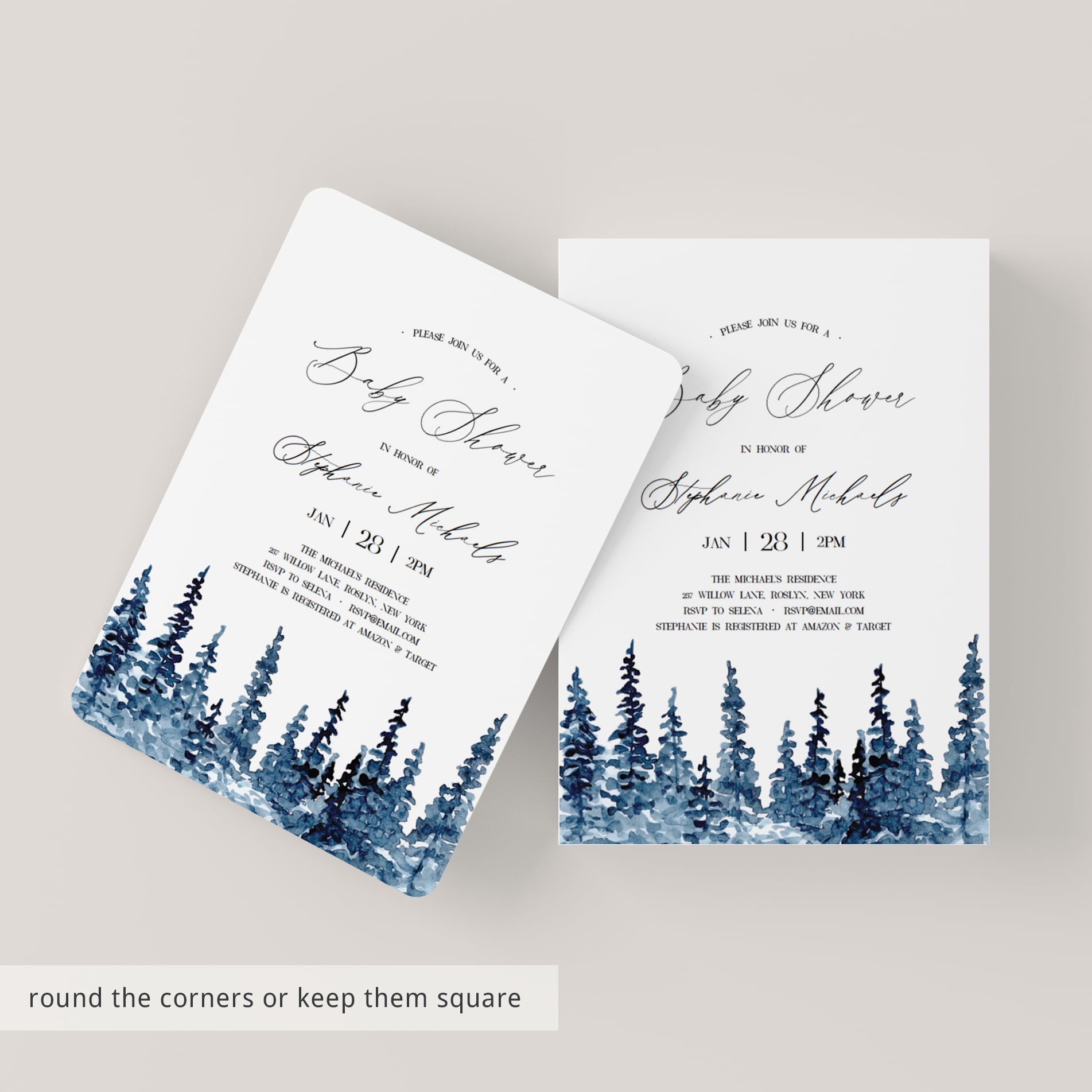 Watercolor pine tree baby shower invite editable pdf by LittleSizzle