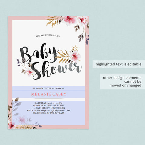 Baby Shower invitation template for girls with blush flowers | Instant ...