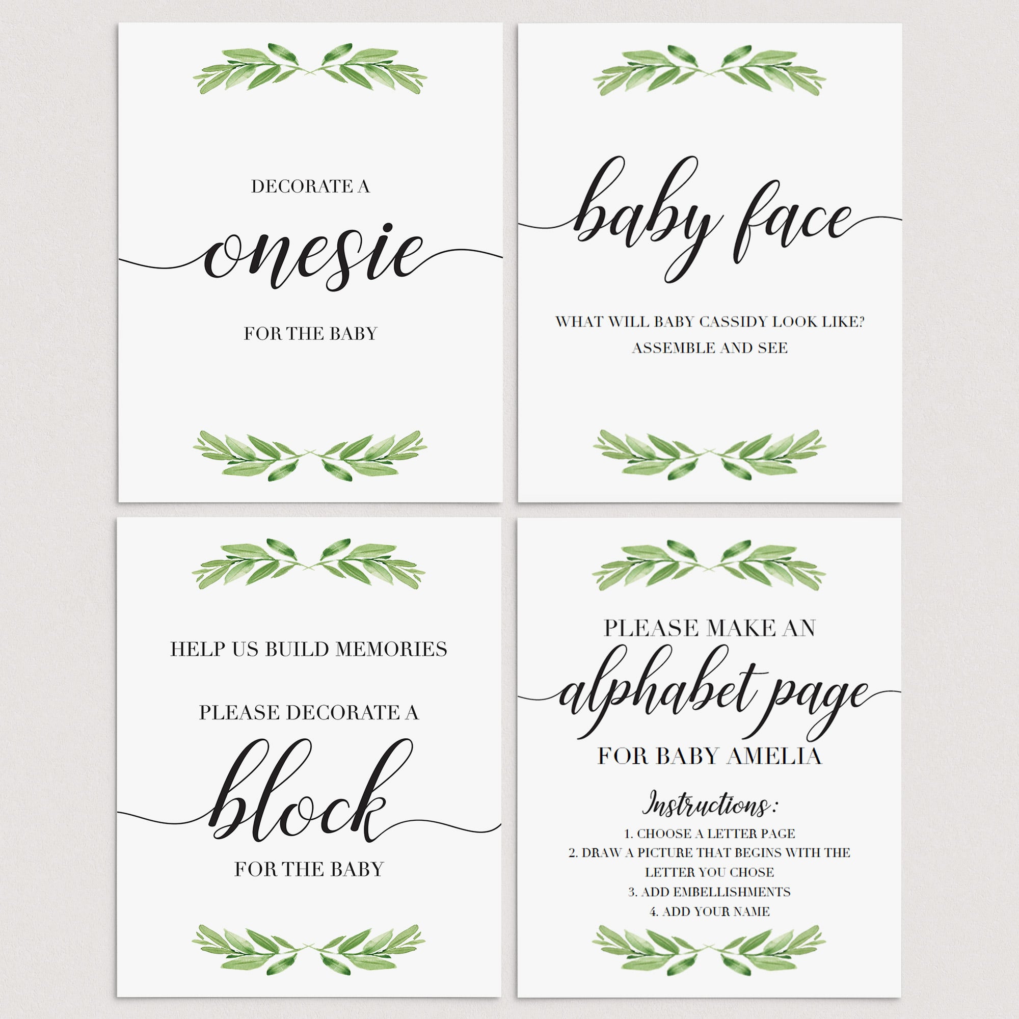 Greenery baby shower activities printable table sign by LittleSizzle