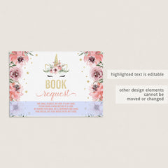 Pink and gold girl baby shower book request cards with unicorn by LittleSizzle