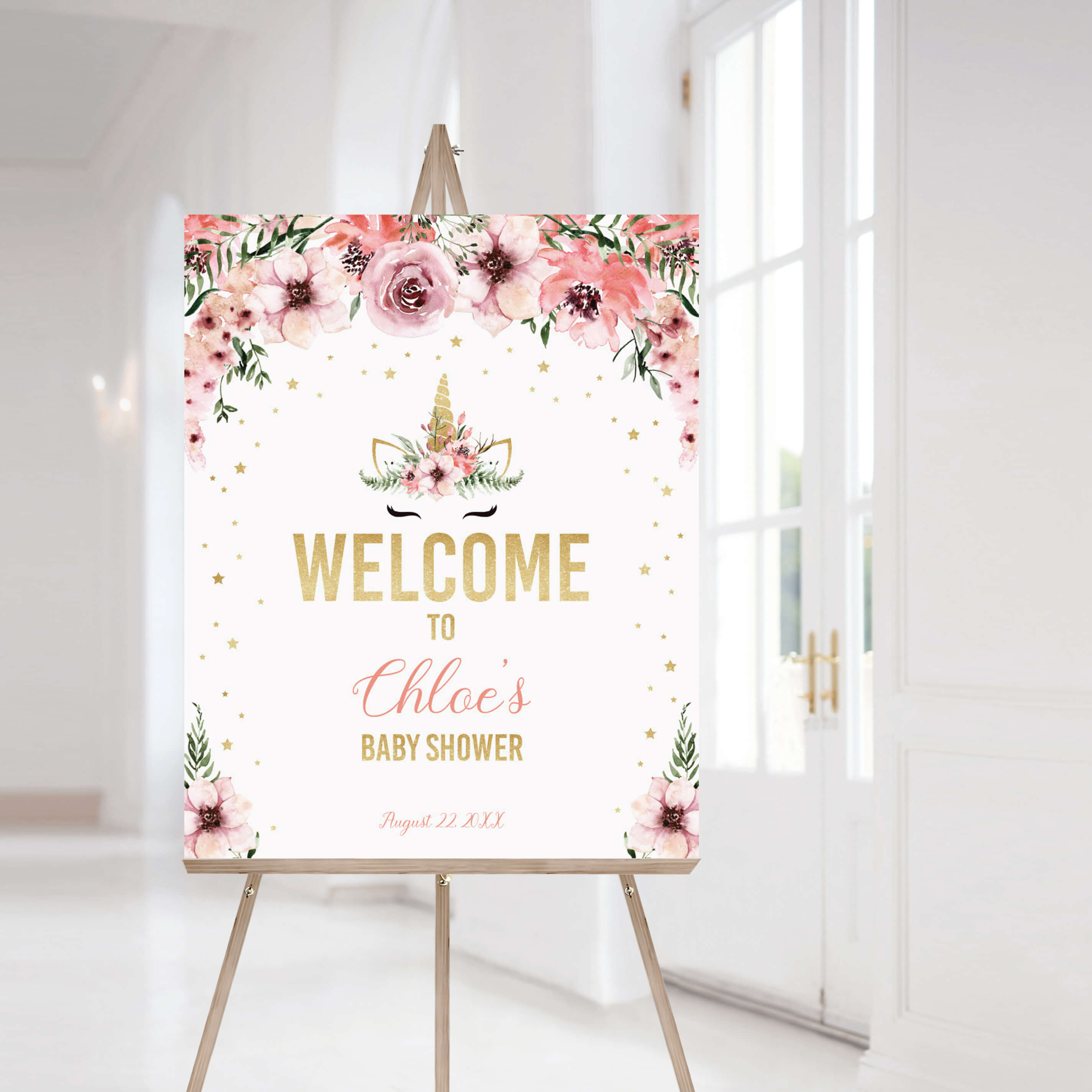 Unicorn Baby Shower Welcome Sign Template Pink and Gold by LittleSizzle