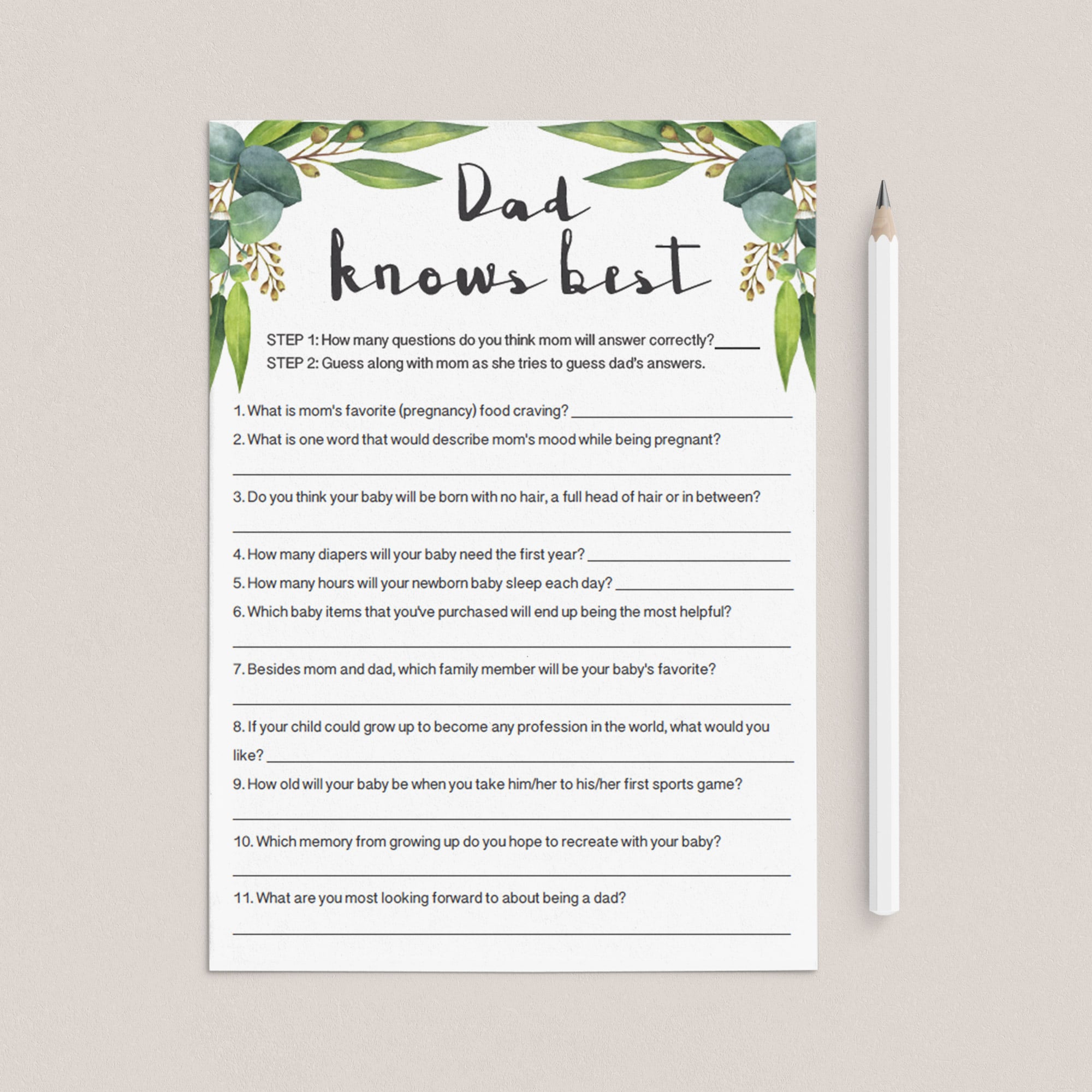 Dad to be answers baby shower quiz printable by LittleSizzle