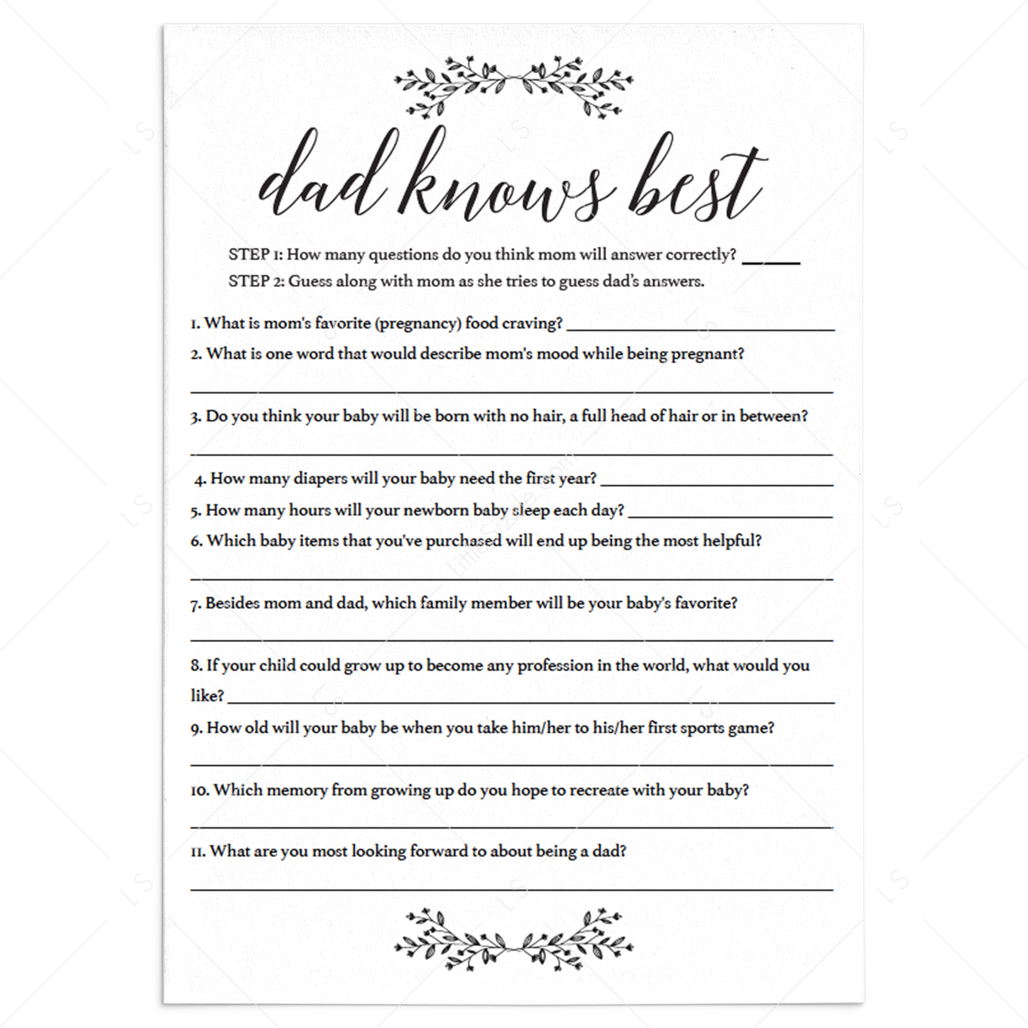 Editable Baby Shower Game Dad Knows Best by LittleSizzle