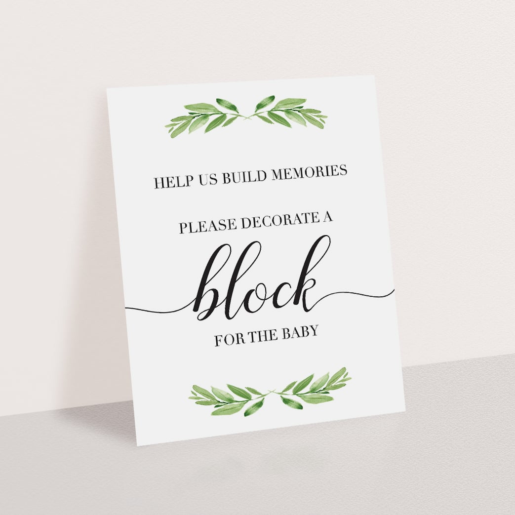 Printable decorate a block baby shower activity with green leaves by LittleSizzle