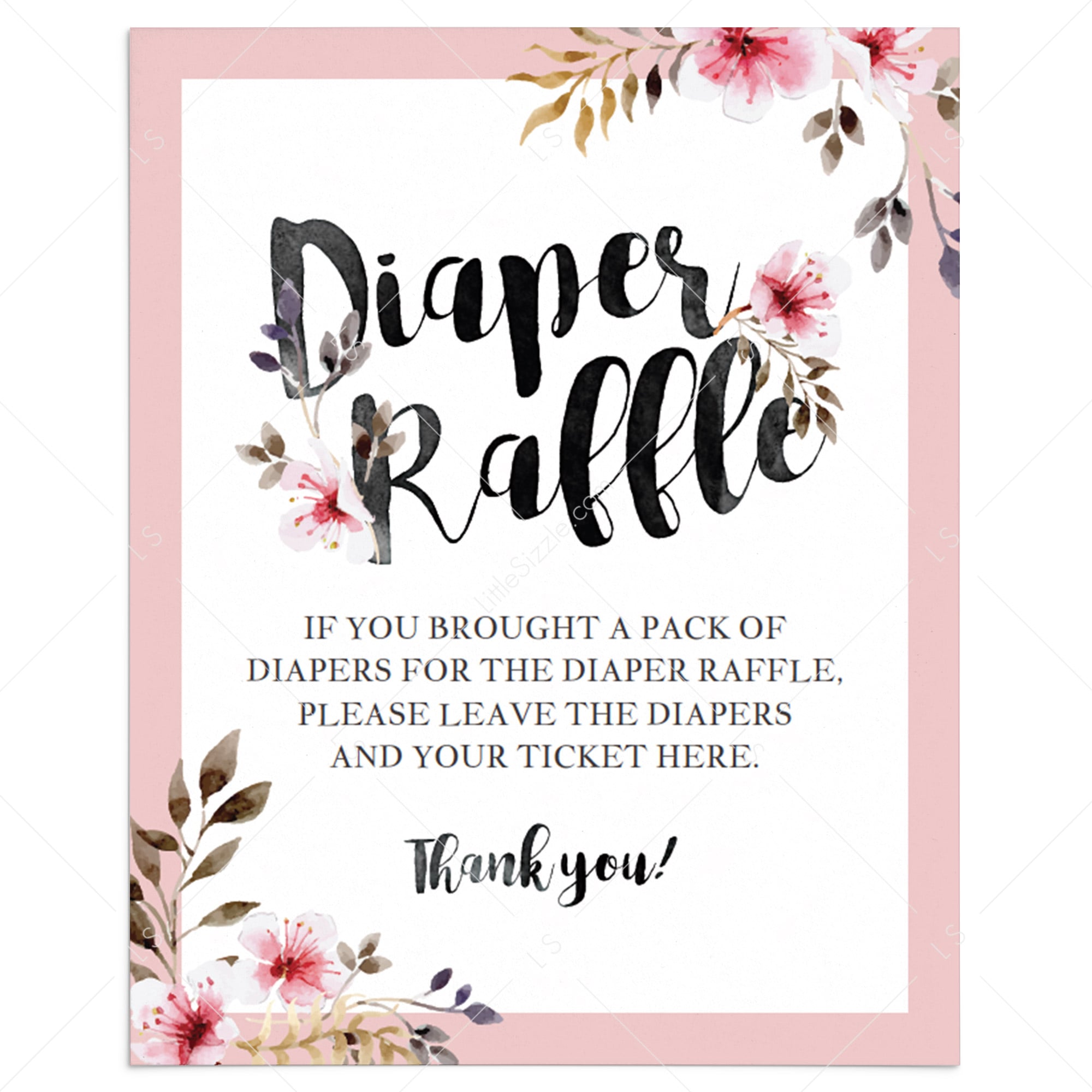 Pink flowers baby shower diaper raffle sign template by LittleSizzle