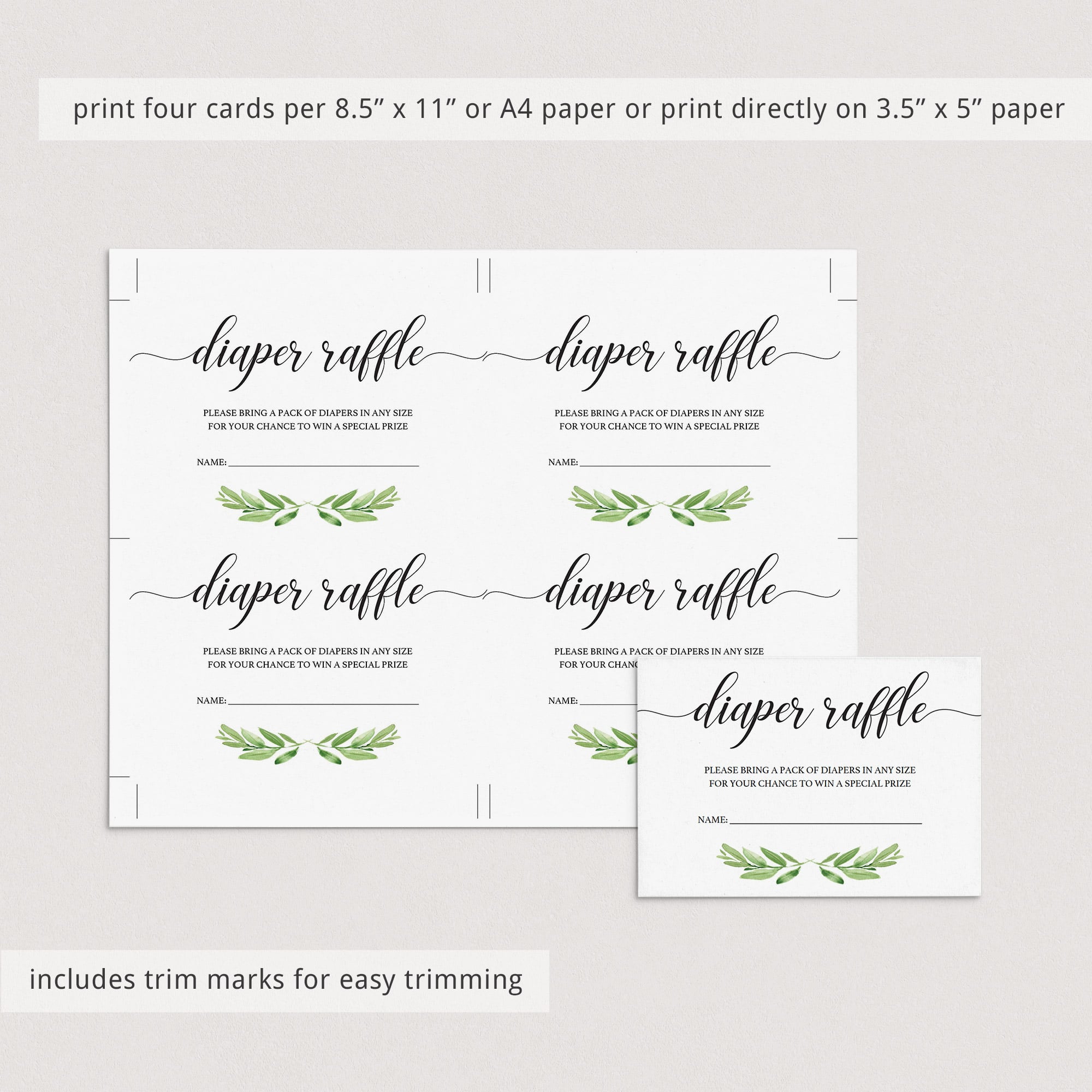 Green leaf watercolor baby shower diaper raffle ticket printable by LittleSizzle