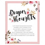 Diaper thoughts baby shower game printable pink flowers by LittleSizzle