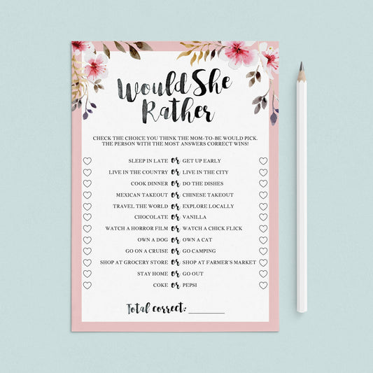 Floral babyshower girl game Would She Rather printable by LittleSizzle