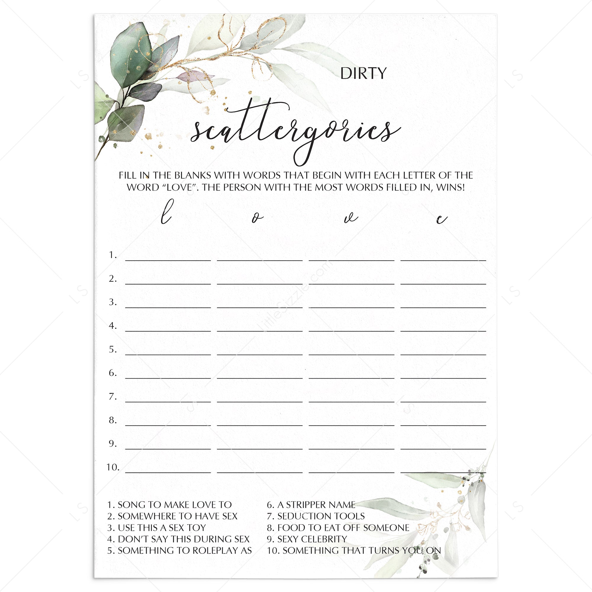 Naughty Bachelorette Game Dirty Scattergories Printable by LittleSizzle