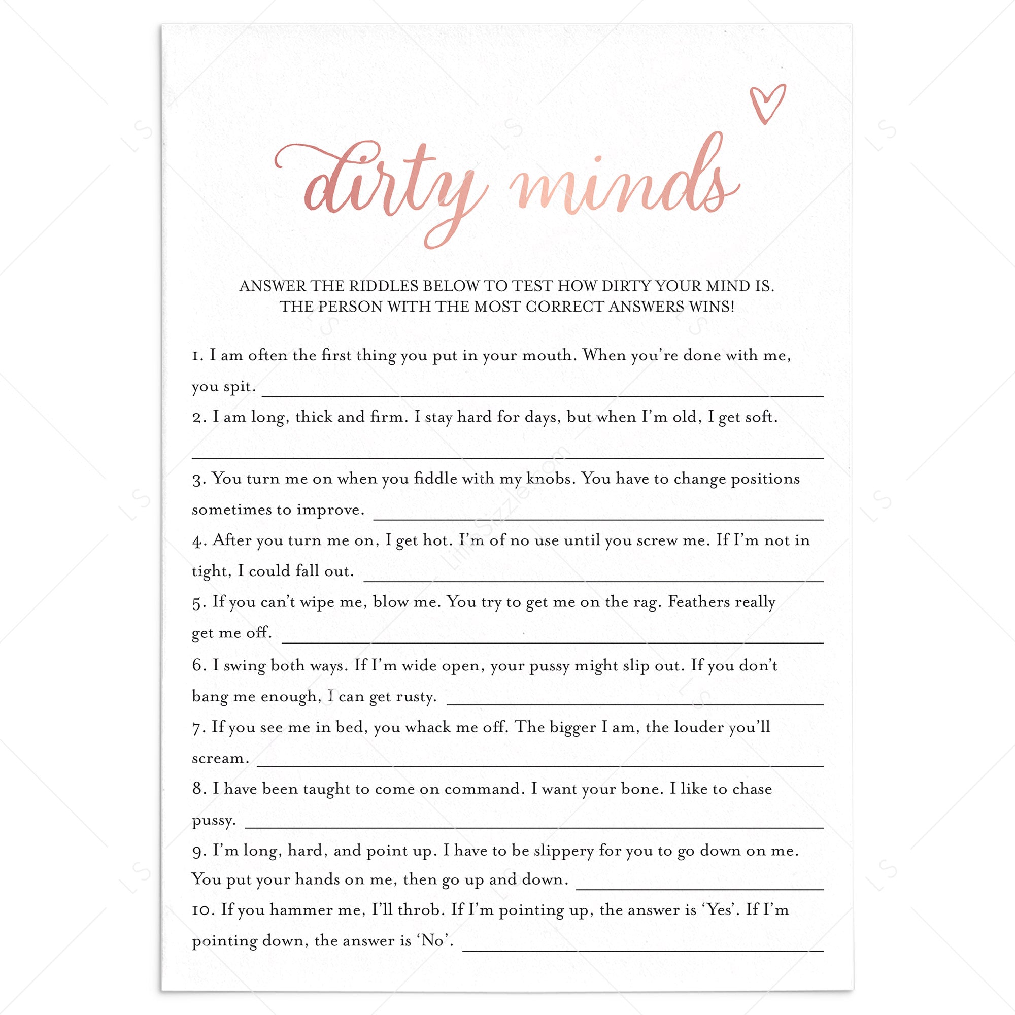 Dirty Minds Bachelorette Game Rose Gold Printable by LittleSizzle