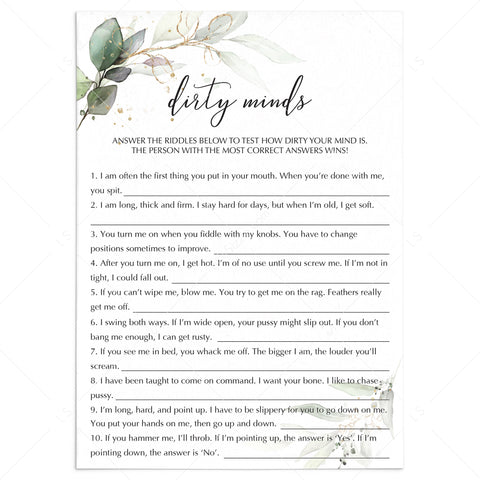 Dirty Minds Bachelorette Game Printable | Answer Key Included ...