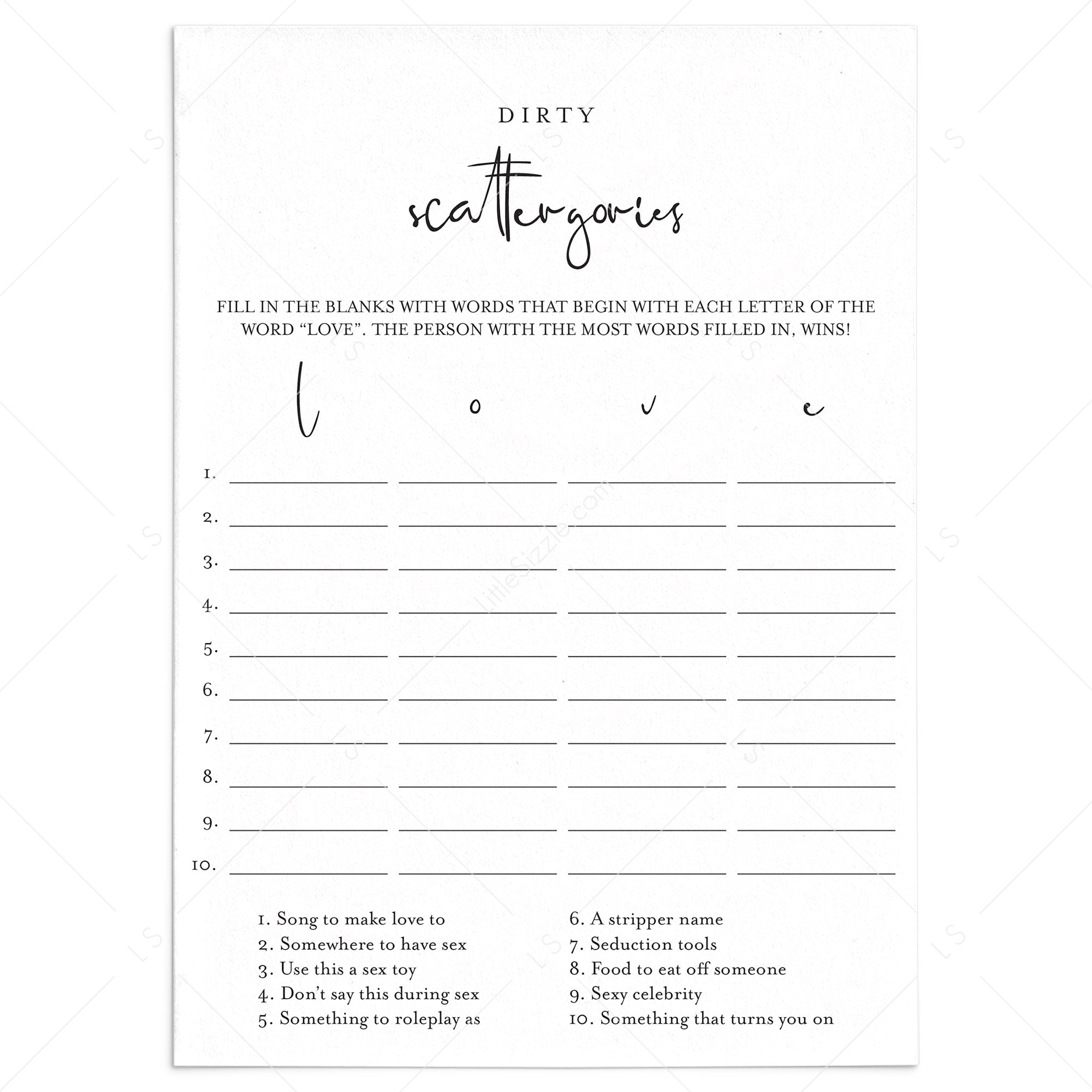 Adult Party Game Dirty Scattergories Printable by LittleSizzle
