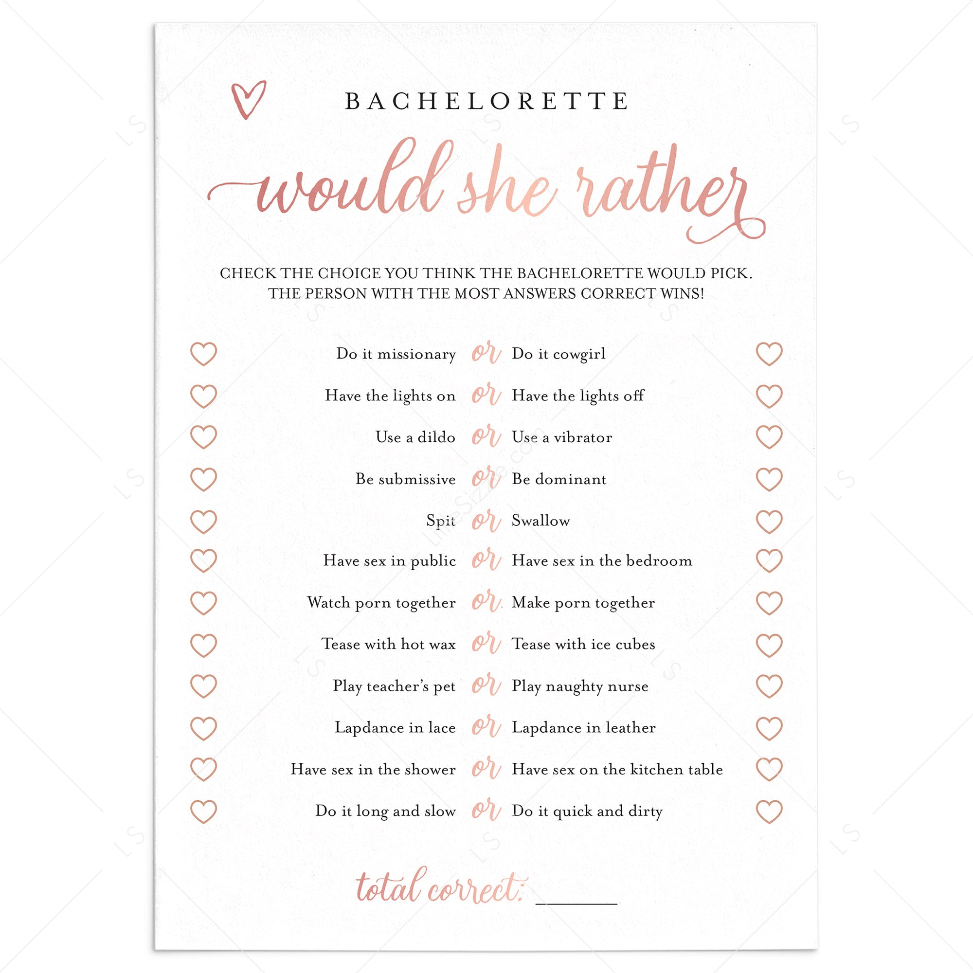 Naughty Would She Rather Bachelorette Game Rose Gold by LittleSizzle