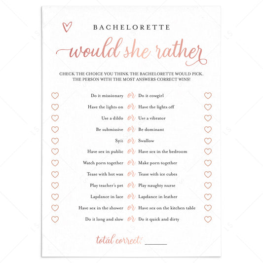 Naughty Would She Rather Bachelorette Game Rose Gold by LittleSizzle