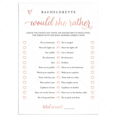 Naughty Would She Rather Bachelorette Game | Rose Gold | Printable ...