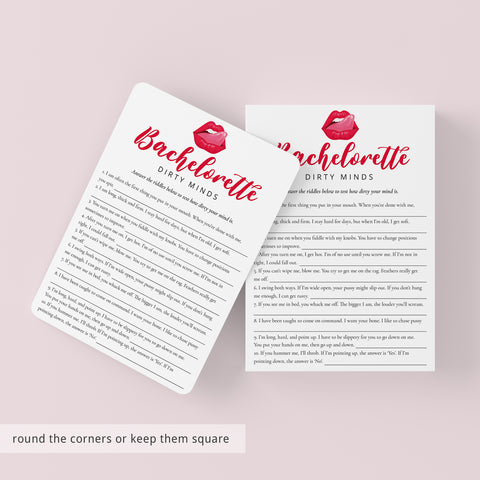 Bachelorette Party Game Dirty Minds with Answer Key Printable ...